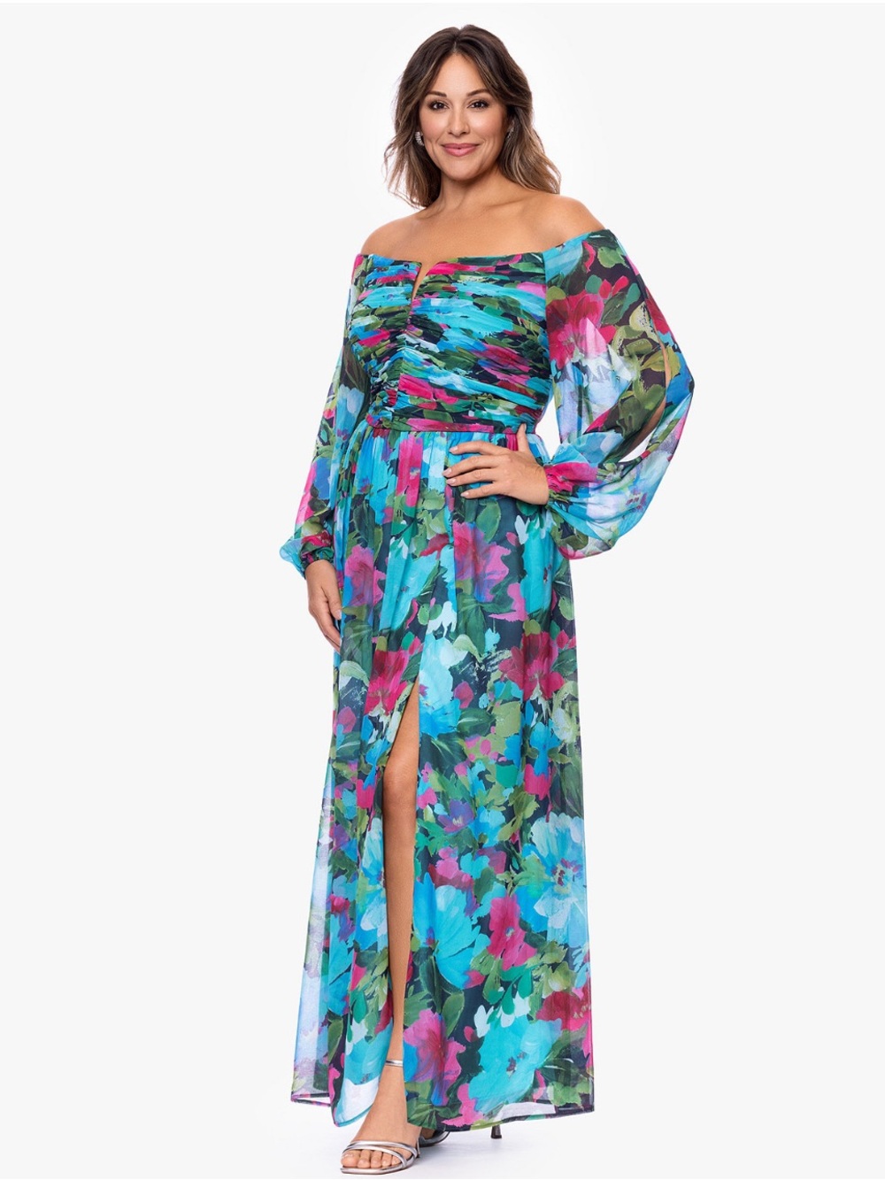 XSCAPE Plus Size Off the Shoulder Printed Gown - Wedding Guest Dress - 16W - Picture 3 of 17